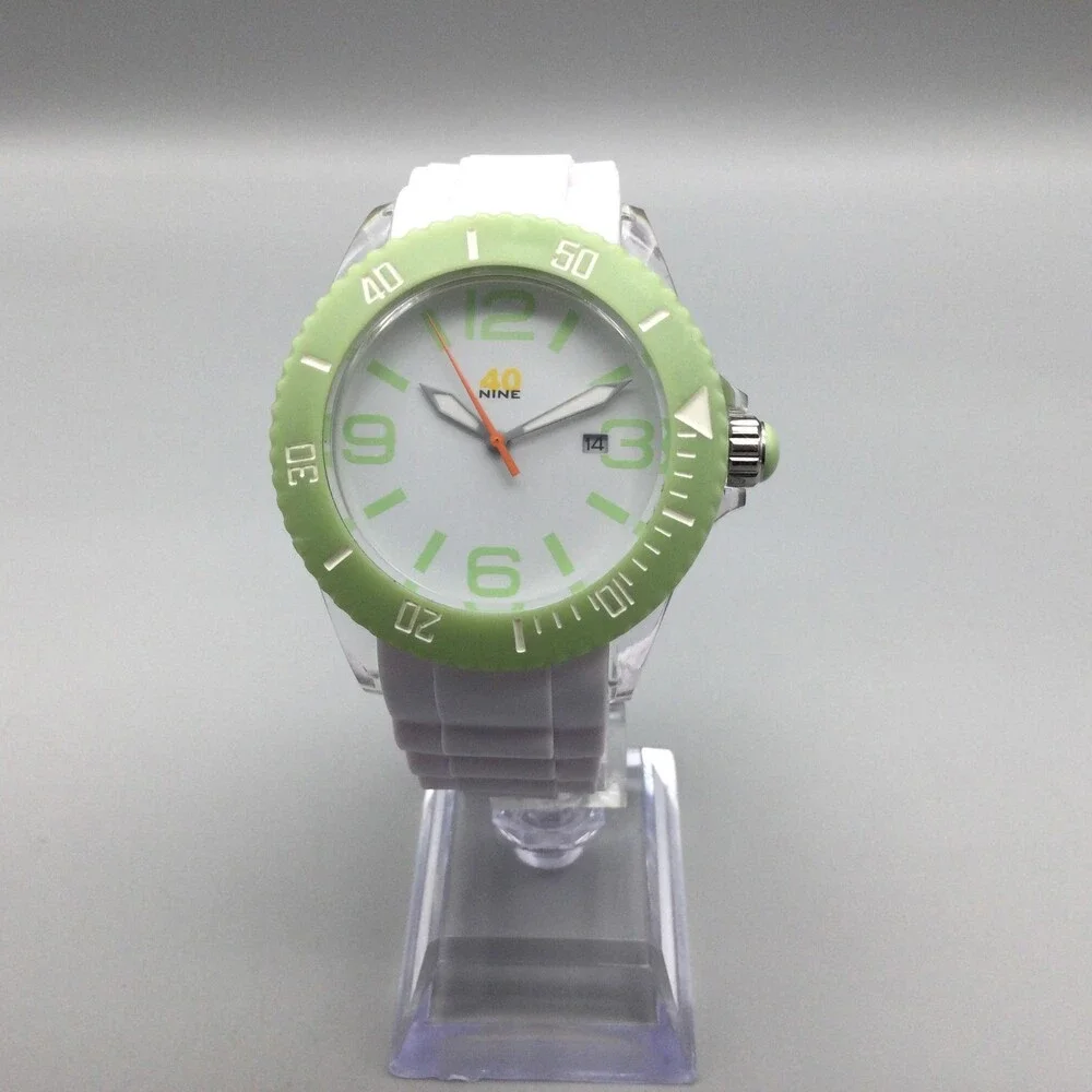 40nine Mens Watch 43mm White Dial Green Bezel White Silicone Date New Battery
